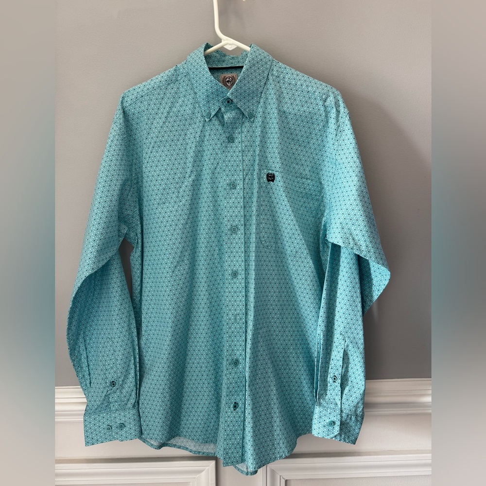 Cinch Teal Patterned Button Down Shirt - image 1